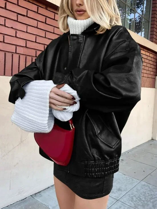 Women's Faux Leather Motorcycle Jacket Oversized Zip Up Winter Coat Black - Picture 5 of 6